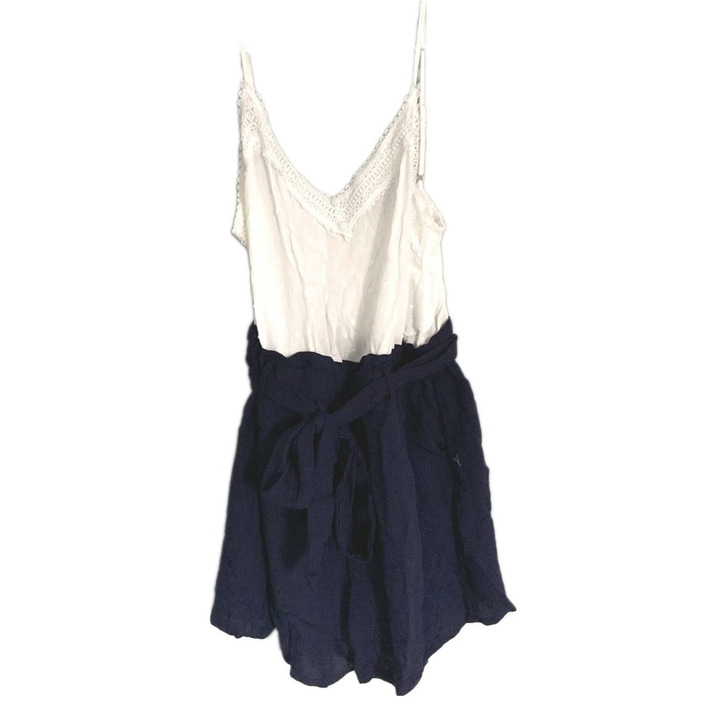 Sweet Wanderer Romper Womens XL White Navy Lace Cami Tie Waist One Piece